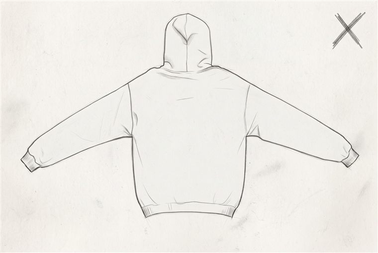 Schets: een hoodie met de mouwen wijd uitgespreid en de capuchon omhoog
