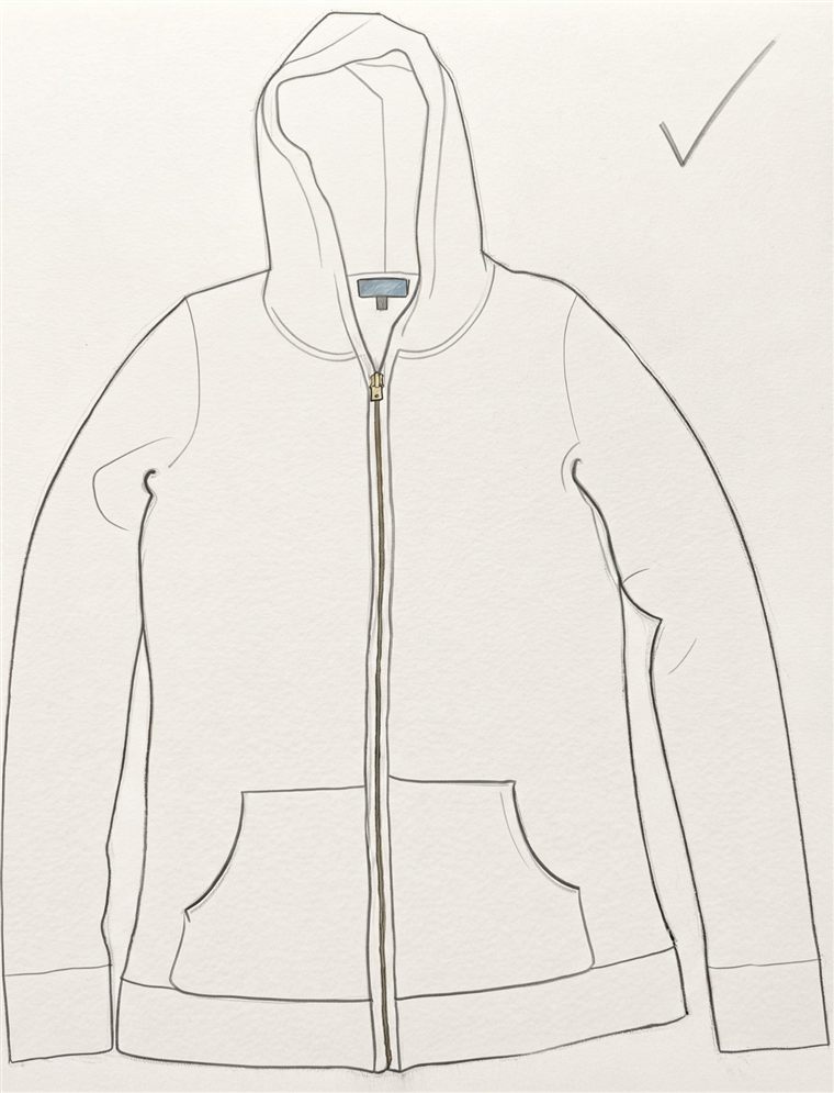Schets: een hoodie plat neergelegd, mouwen langs het lijf, helemaal in beeld